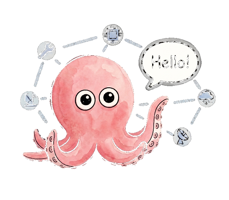 Hand-painted octopus mascot for Candice, waving hello, wired to small tool and device icons